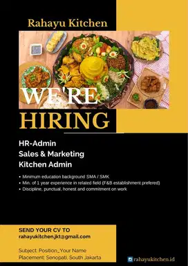 HR, Sales & Marketing, Kitchen Admin