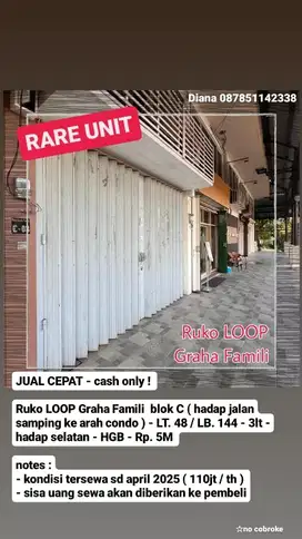 LANGKA! DIJUAL RUKO LOOP HADAP JALAN GRAHA FAMILI