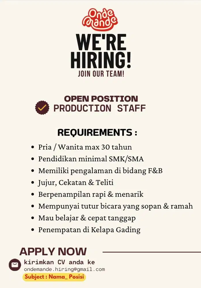 Lowongan pekerjaan staff produksi makanan
