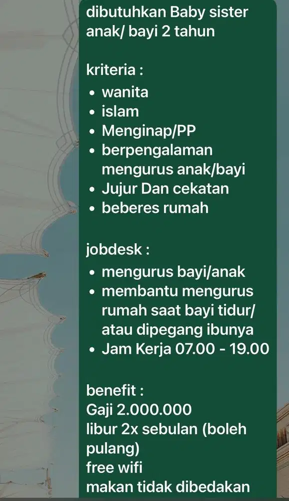 DICARI PENGASUH ANAK BAYI