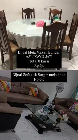 Dijual Meja Makan Asli Kayu Jati, Sofa Tamu, bed, kulkas dll