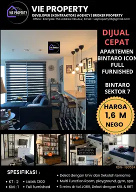 DIJUAL APARTEMEN RAPI FULLY FURNISHED DI BINTARO ICON