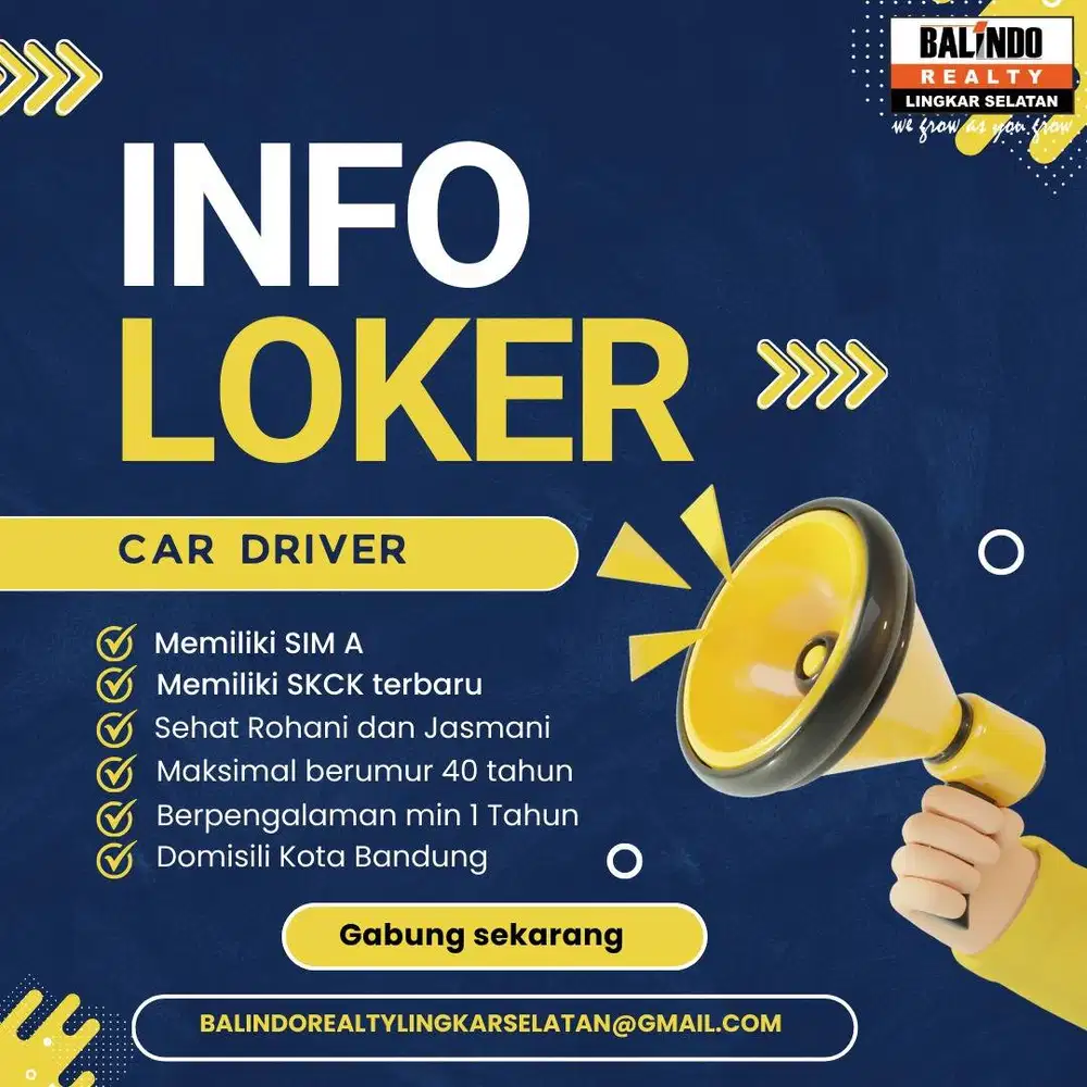 Dibutuhkan segera driver mobil penempatan di Bandung