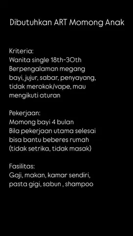Dibutuhkan ART Momong Anak