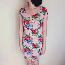 Dress Midi Bodycon Pink Floral Flower Bunga