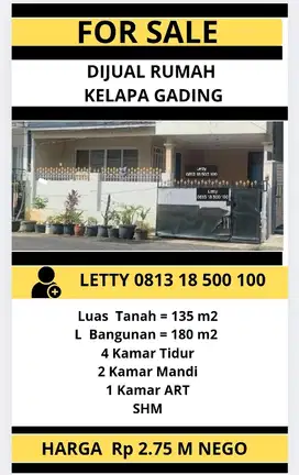 Dijual Rumah Siap Huni Kelapa Gading Rp 2.75 M Nego