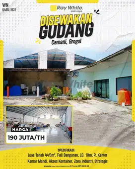 Disewakan Gudang Siap Pakai Akses Kontainer Strategis, Cemani, Grogol