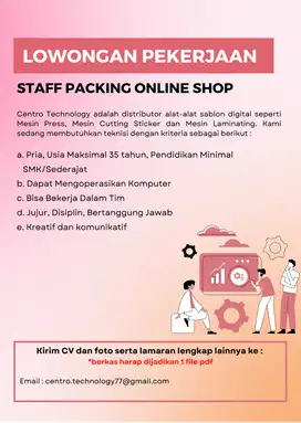 Dibutuhkan karyawan packing online shop di cengkareng, jakarta barat