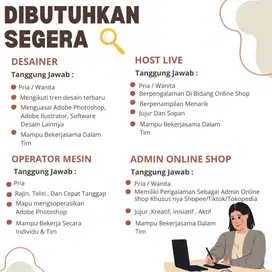 Dibutuhkan Admin, Host Live, Designer, Operator