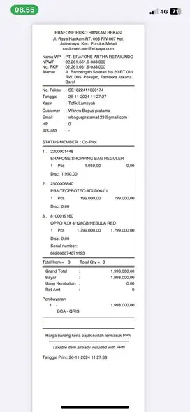 oppo a3x ram 8/128+asuransi tecprotec