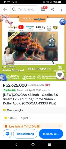 SMART TV COOCAA 43 INCH-DIGITAL TV-YOUTUBE-WIFI-(MODEL:43S3U)