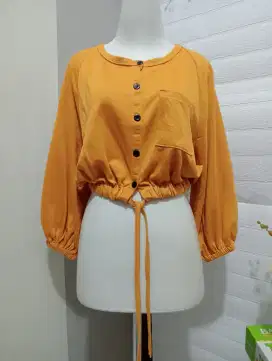PRELOVED PRIBADI BAJU ATASAN WANITA TALI SERUT LENGAN 7/8 MUSTARD