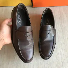Tods mens penny loafer leather brown slip on pantofel sepatu 42