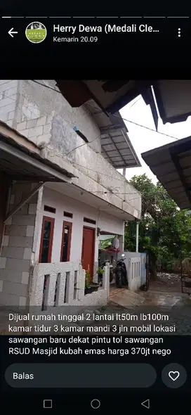 Rumah 2 lantai SHM masuk mobil di belakang RS permata sawangan depok