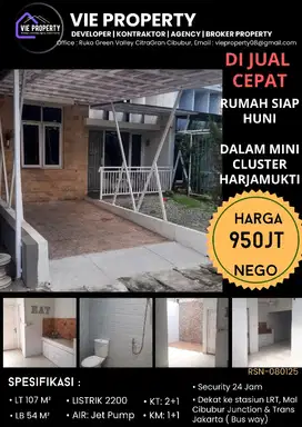 JUAL MURAH CEPAT RUMAH SIAP HUNI DEKAT STASIUN LRT HARJAMUKTI