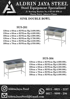 Sink Stainless Steel / Meja Cuci Piring 2 Bowl 2 Lubang 201 & 304