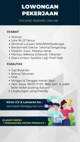 Dicari karyawan Wanita (Wajib) untuk packing online