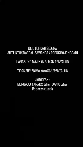 SEGERA DIBUTUHKAN ART WANITA MENGINAP