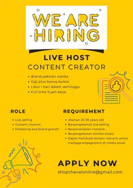Dicari live host dan content creation