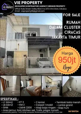 DIJUAL MURAH  RUMAH SIAP HUNI 2 LANTAI DI CIRACAS JAKTIM