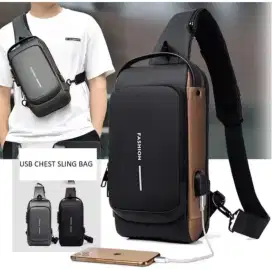 Tas Slempang Pria USB Fashion Waterproof Men Chest Sling Bag