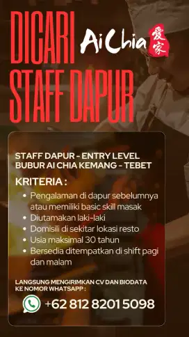 Dicari staff dapur Entry Level lokasi resto Kemang & Tebet - JakSel