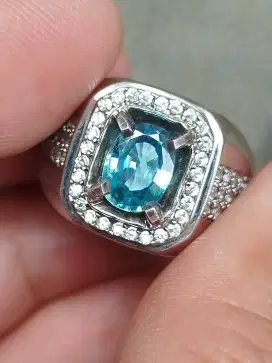Batu blue zircon 1.90 carat ring perak memo MRI top kristal eye clean