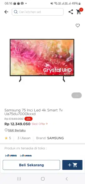 Samsung 76 inci led 4k smart tb 75du7000
