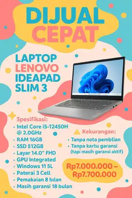 Jual Laptop Lenovo Ideapad Slim 3 i5-12450H 2.0GHz RAM 16GB SSD 512GB