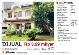 Dijual Rumah 2 Lantai Semi Furnished Bagus di Kirana Alam Sutera