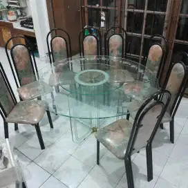Meja makan kaca bundar + 8 kursi