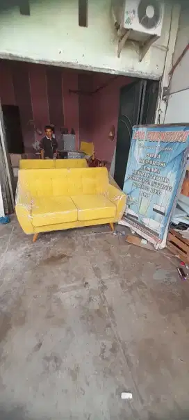 Erafurniture*sofa VINTAGE kuning kain baldu 2 person