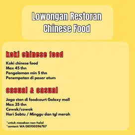 LOWONGAN RESTORAN CHINESE FOOD (non halal)