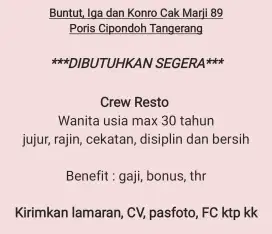 Lowongan Kerja Crew Resto Sop Buntut Poris