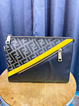 Fendi Diagonal Yellow Zip Black Clutch