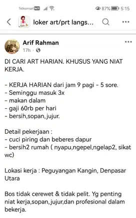 DI CARI ART HARIAN. KHUSUS YANG NIAT KERJA.