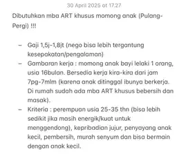 Dibutuhkan mba ART khusus momong anak (PP/Nginep)