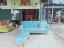 Erafurniture*sofa VINTAGE 3person+2puff biru langit kain baldu+bantal
