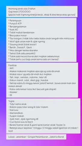 dicari mba momong anak cewe usia 2 tahun , pengalaman & bsa pake motor