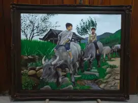 Lukisan kanvas pemandangan angon kebo