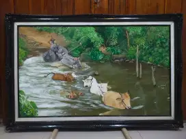Lukisan kanvas sapi dan kerbau berenang