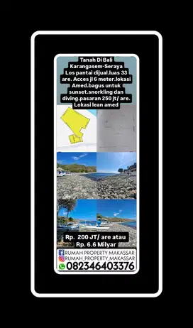 Tanah Di Bali Karangasem-Seraya Los pantai dijual.luas 33 are