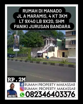 Rumah Di Manado JL A Maramis, 4 KT 3KM LT 9X40 LB 9X20, SHM  Paniki
