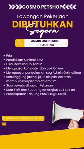 LOWONGAN PETSHOP ADMIN ONLINSHOP+PACKING