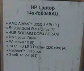 LAPTOP SECOND Merk HP 14s-FQ RAM 4GB DRIVE 512GB