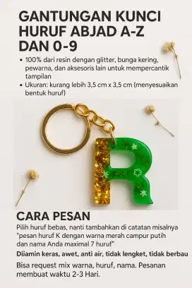Gantungan kunci resin custom huruf, angka, dan nama