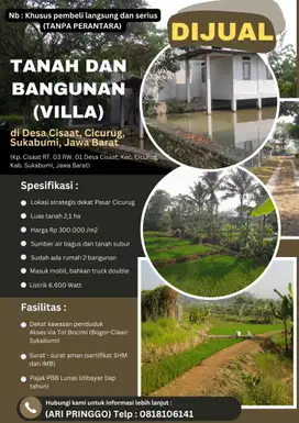 Jual Tanah dan Bangunan Villa di Cicurug Sukabumi