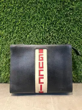 Gucci Black Stripe Logo Leather Clutch