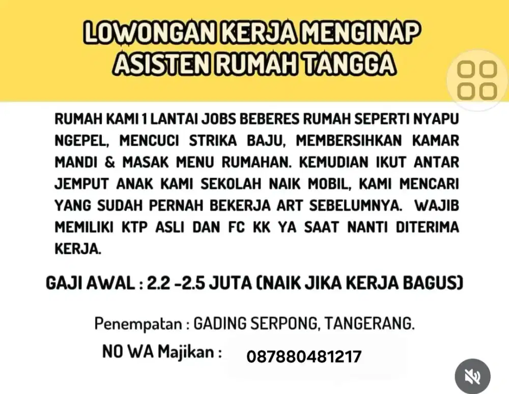 Dibutuhkan ART MENGINAP, lokasi Gading Serpong
