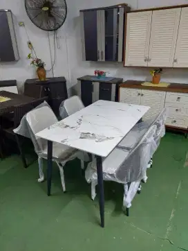 Meja Makan Marmer + 4 Kursi Makan Besi - Meja Marble - Dining Set